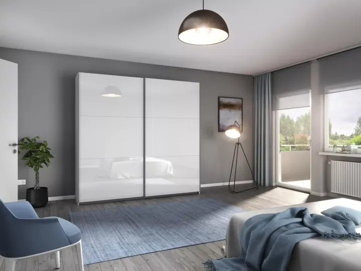 Entdecken Sie den eleganten Schwebetürenschrank Aurelio Extra von rauch BLUE in alpinweiß und Eiche Artisan – perfekt für Ihr Schlafzimmer!