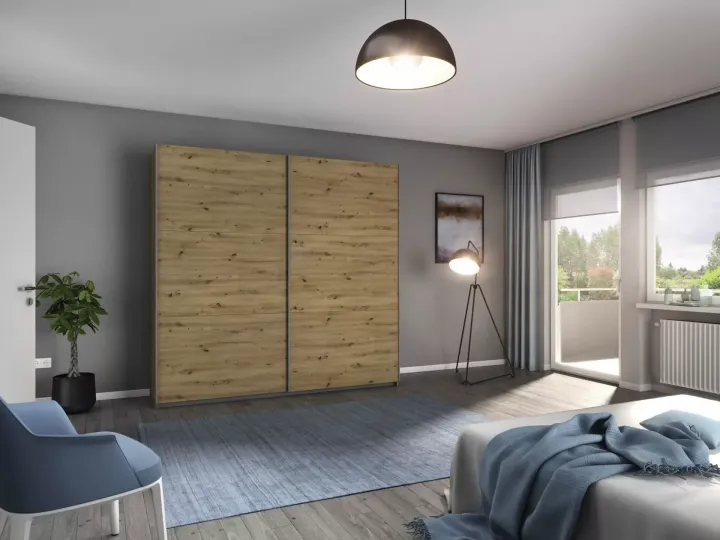 Entdecken Sie den eleganten Schwebetürenschrank Aurelio Extra von rauch BLUE in alpinweiß und Eiche Artisan – perfekt für Ihr Schlafzimmer!